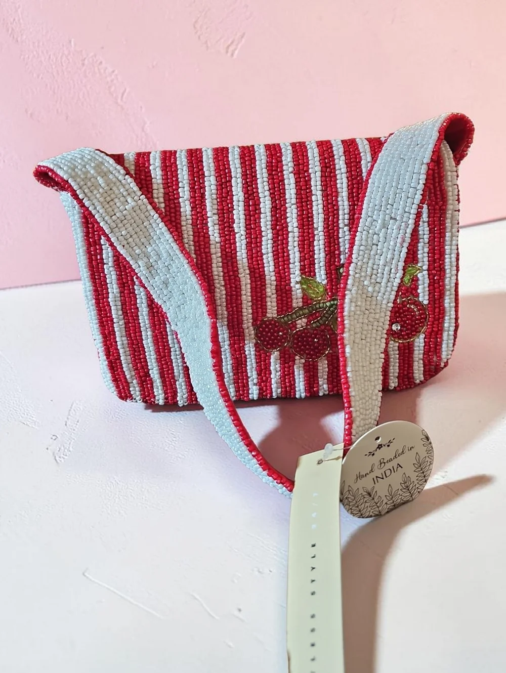 NWT STUDIO TAG SM. Red & White Striped Beaded Cherry SHOULDER BAG.